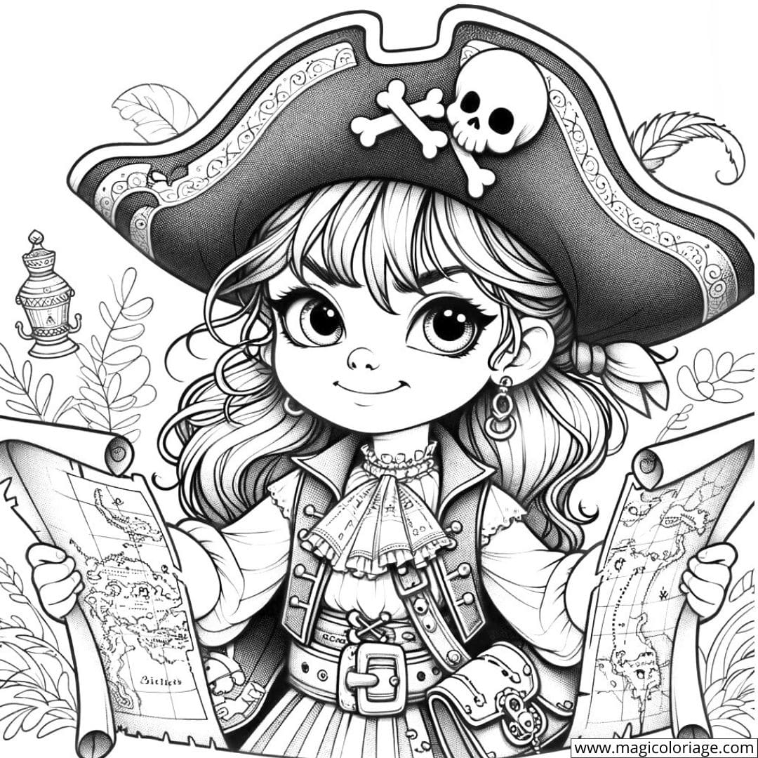 Pirate fille avec une carte du trésor à colorier