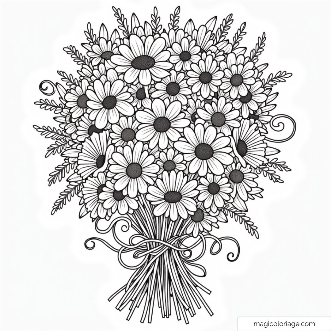 Coloriage de marguerites détaillées avec un bouquet élégant et floral.