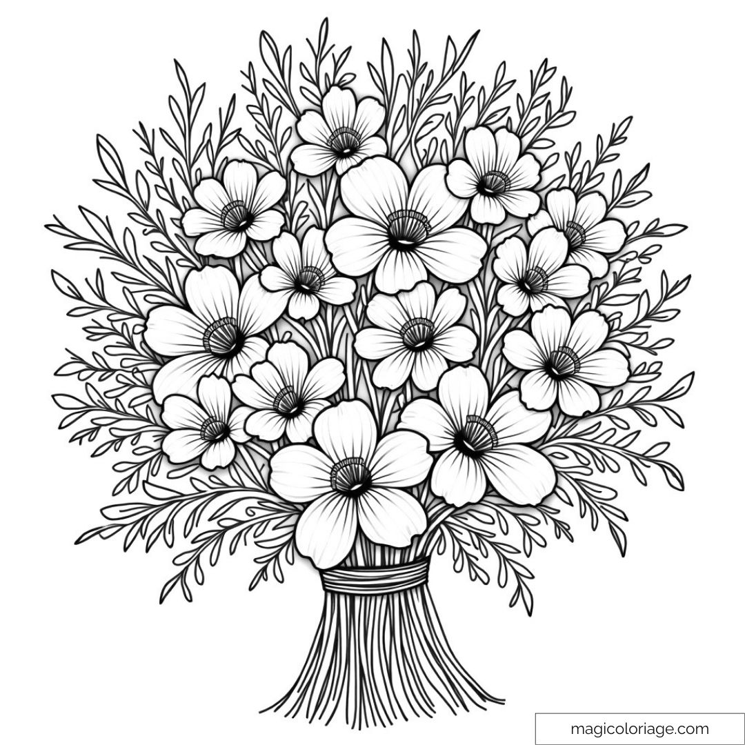 Dessin de bouquet de fleurs monochrome détaillé à colorier.