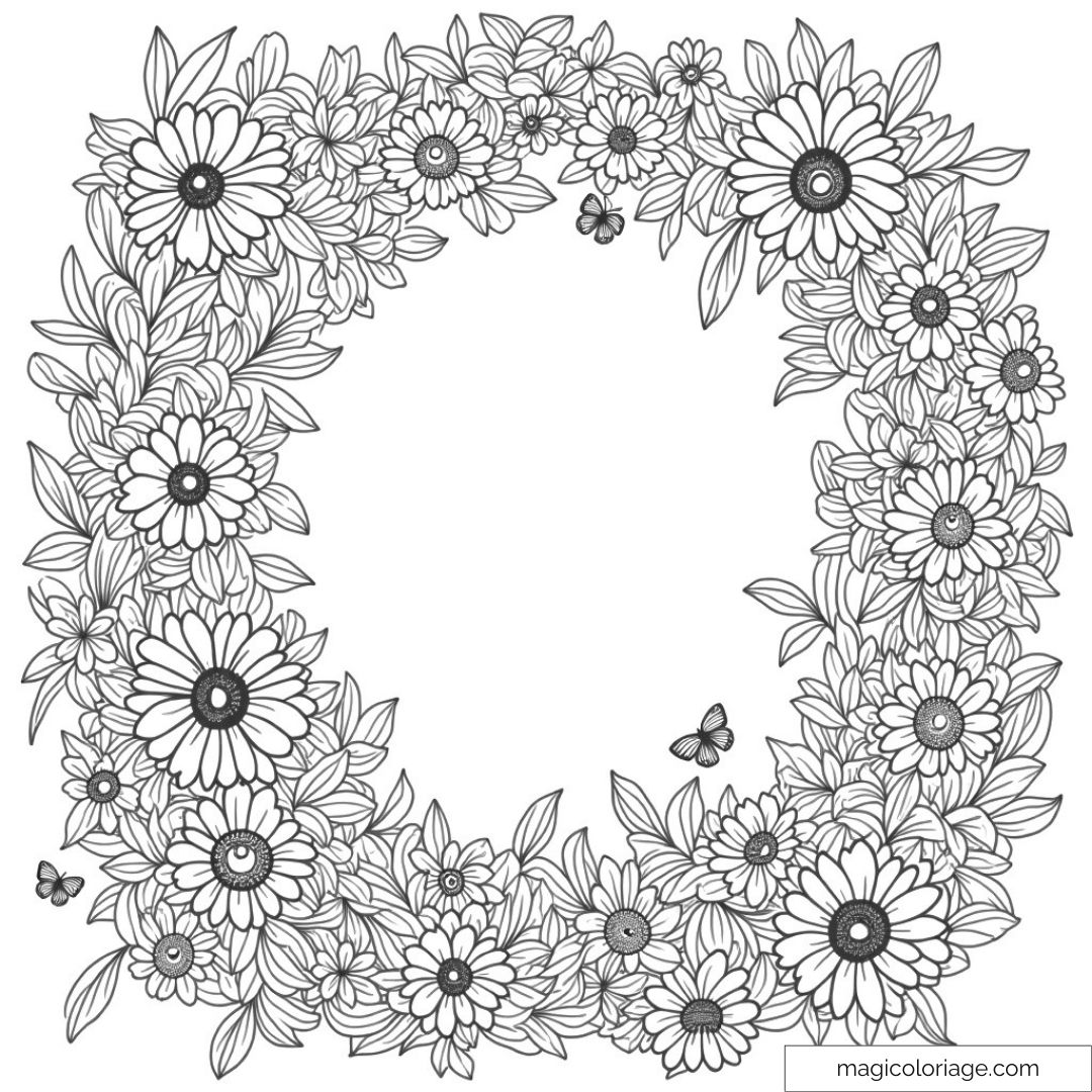 Cadre floral avec marguerites et papillons à colorier.