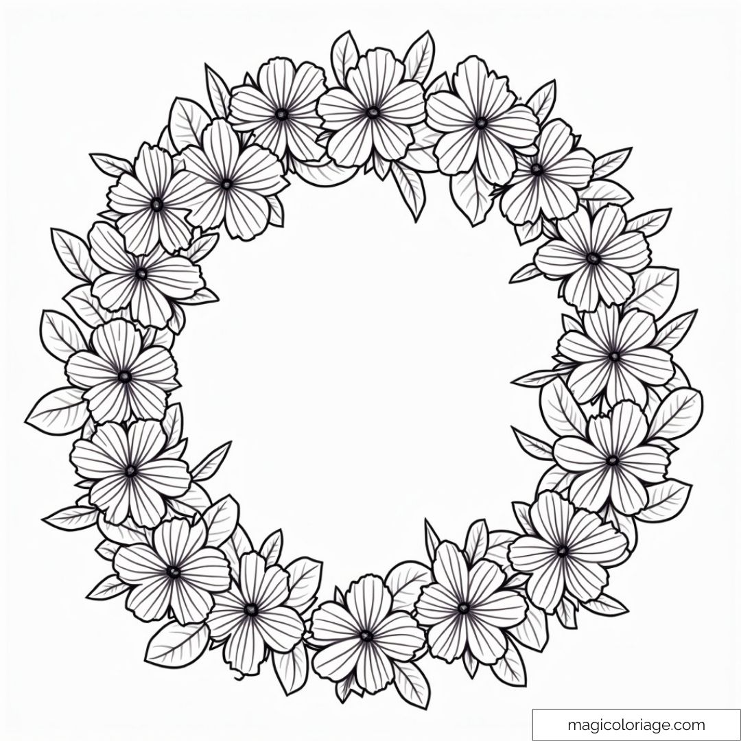 Couronne de fleurs détaillée à colorier avec feuilles