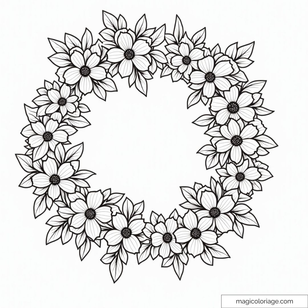 Couronne de fleurs en noir et blanc avec pétales délicats à colorier
