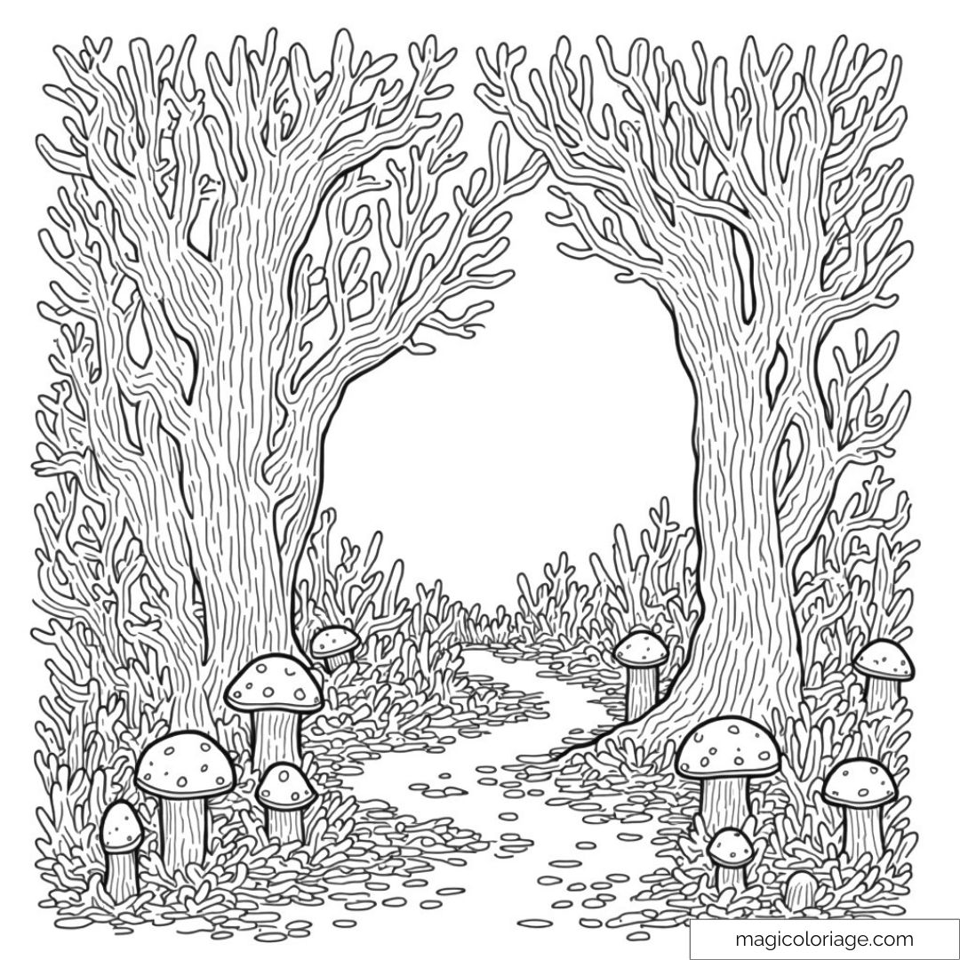 Dessin de forêt avec arbres et champignons