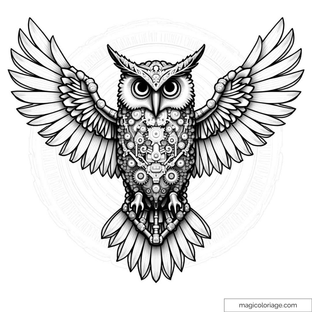 Hibou mécanique détaillé avec engrenages et ailes déployées.