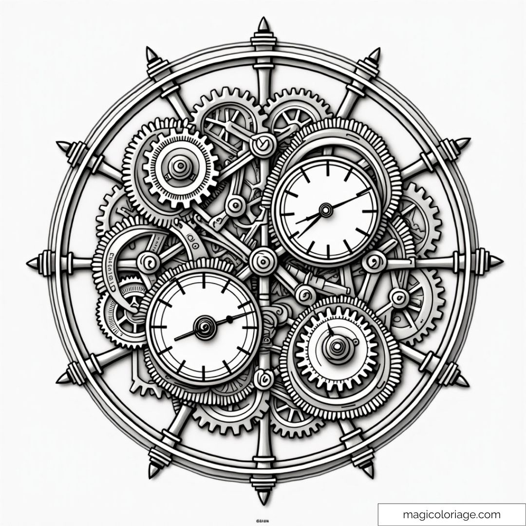 Dessin d'une horloge steampunk complexe avec engrenages