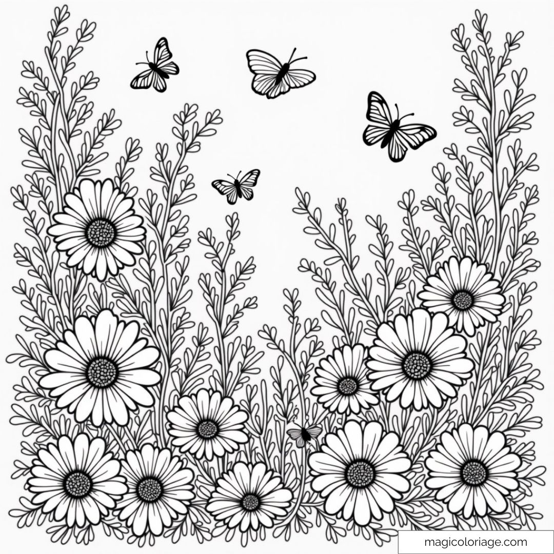 Coloriage de fleurs et papillons noirs et blancs détaillés.