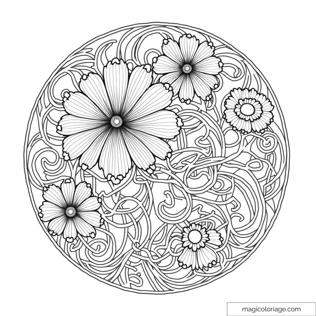Mandala en fleurs avec motifs ornés pour coloriage relaxant.