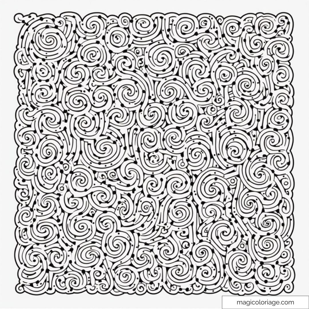 Dessin de mandala à motifs tourbillonnants pour coloriage apaisant.