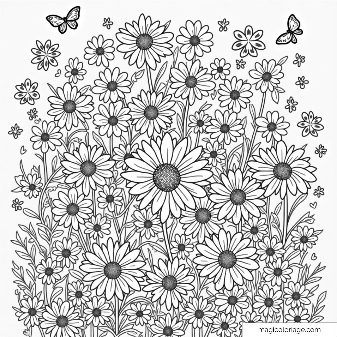 Dessin de marguerites et papillons