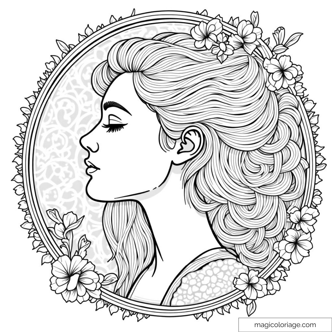 Coloriage d'un profil féminin entouré de fleurs