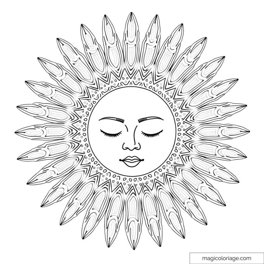 Image d’un visage solaire entouré de motifs détaillés pour coloriage