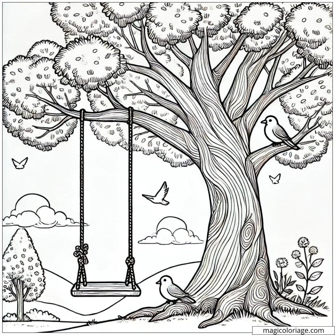 Coloriage arbre avec une balançoire à imprimer, dessin à colorier pour enfants