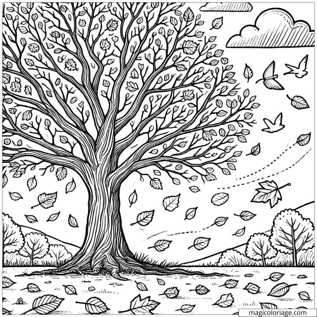 Dessin à colorier d'un arbre d'automne avec des feuilles tombantes, coloriage à imprimer pour enfants