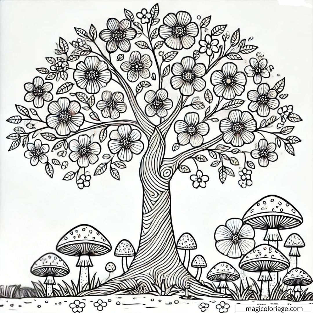 Coloriage d'un arbre en fleurs avec des champignons à la base, dessin à colorier pour enfants