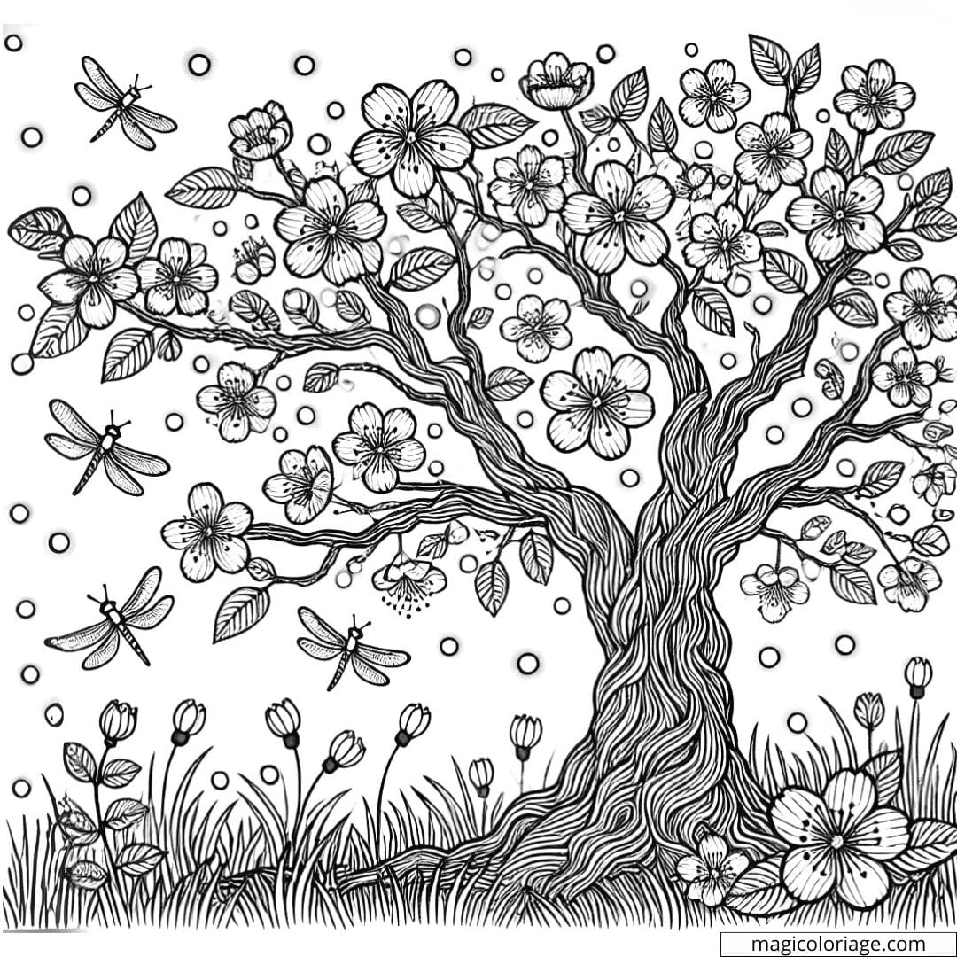 Coloriage d'arbre en fleurs avec des lucioles illuminant la nuit, dessin à colorier à imprimer pour enfants