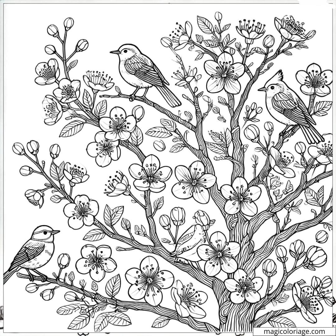 Coloriage d'arbre en fleurs avec des oiseaux perchés sur les branches à imprimer, dessin à colorier pour enfants