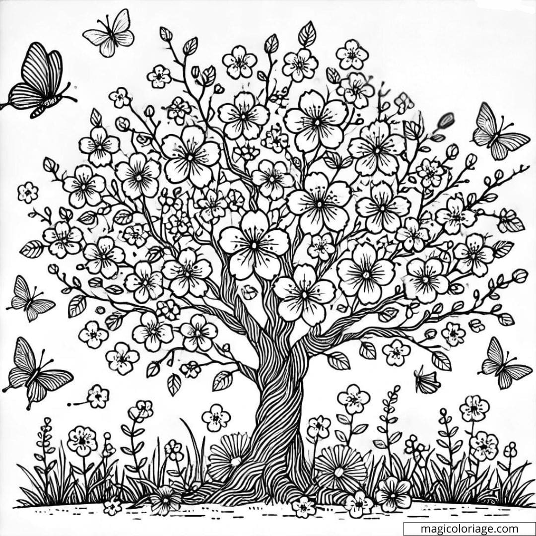 Coloriage d'arbre en fleurs avec des papillons volant autour, dessin à colorier à imprimer pour enfants