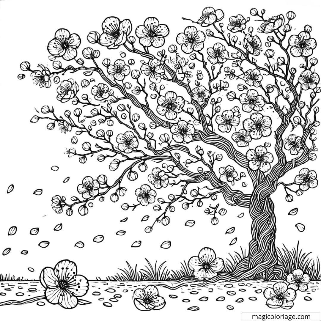 Coloriage d'arbre en fleurs avec des pétales tombant au sol à imprimer, dessin à colorier pour enfants