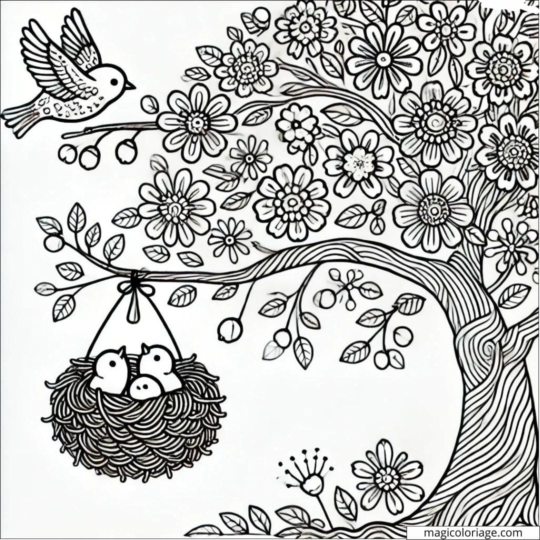Dessin à colorier d'un arbre en fleurs avec un nid d'oiseaux et des oisillons, coloriage à imprimer pour enfants