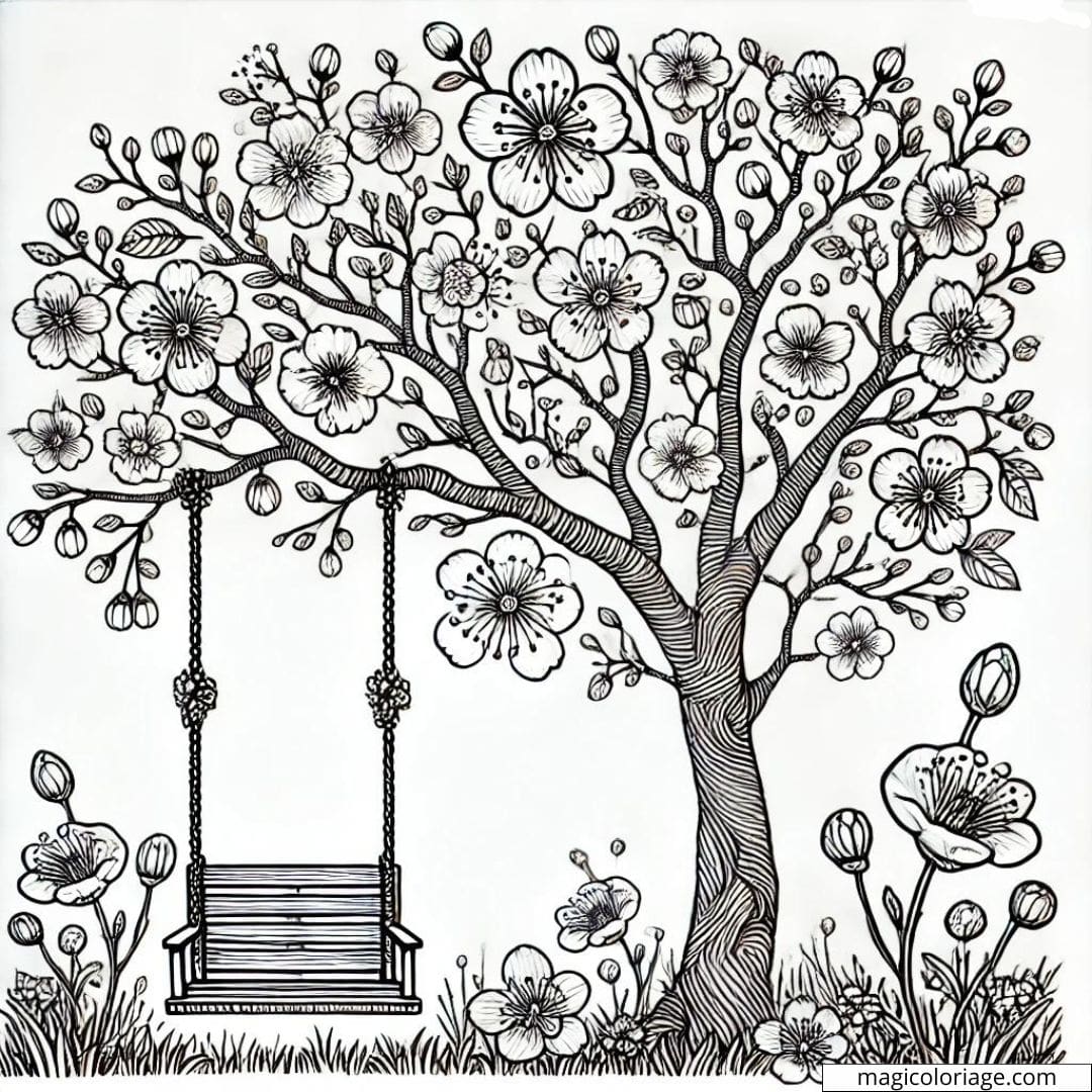 Dessin à colorier d'un arbre en fleurs avec une balançoire accrochée à une branche, coloriage à imprimer pour enfants