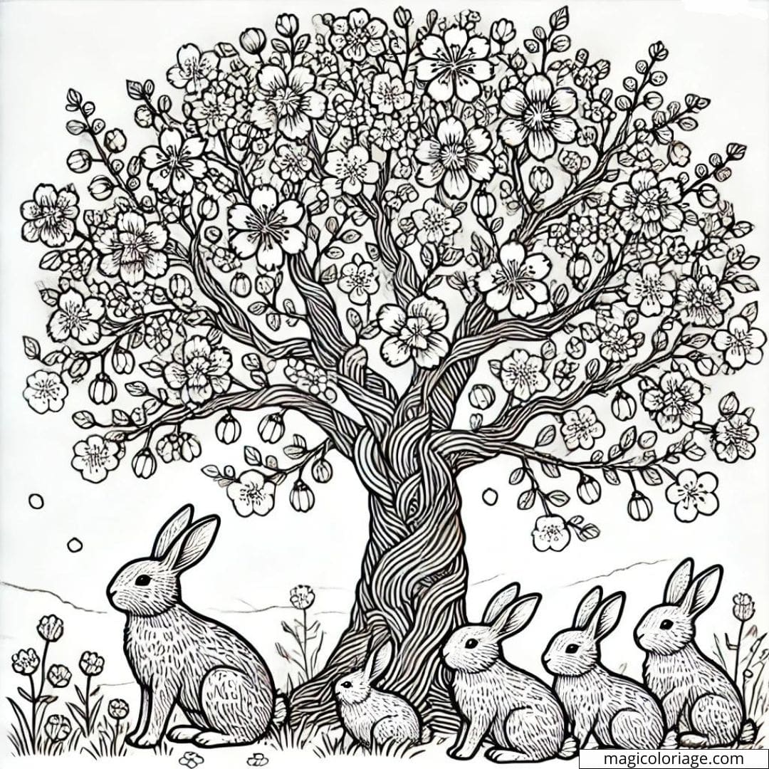 Coloriage d'un arbre en fleurs avec une famille de lapins à sa base, dessin à colorier pour enfants
