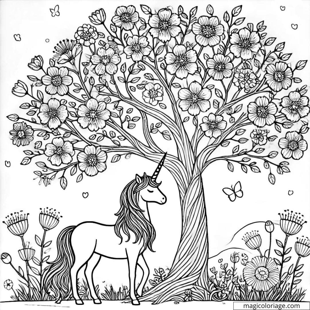 Dessin à colorier d'un arbre en fleurs avec une licorne magique dessous, coloriage à imprimer pour enfants