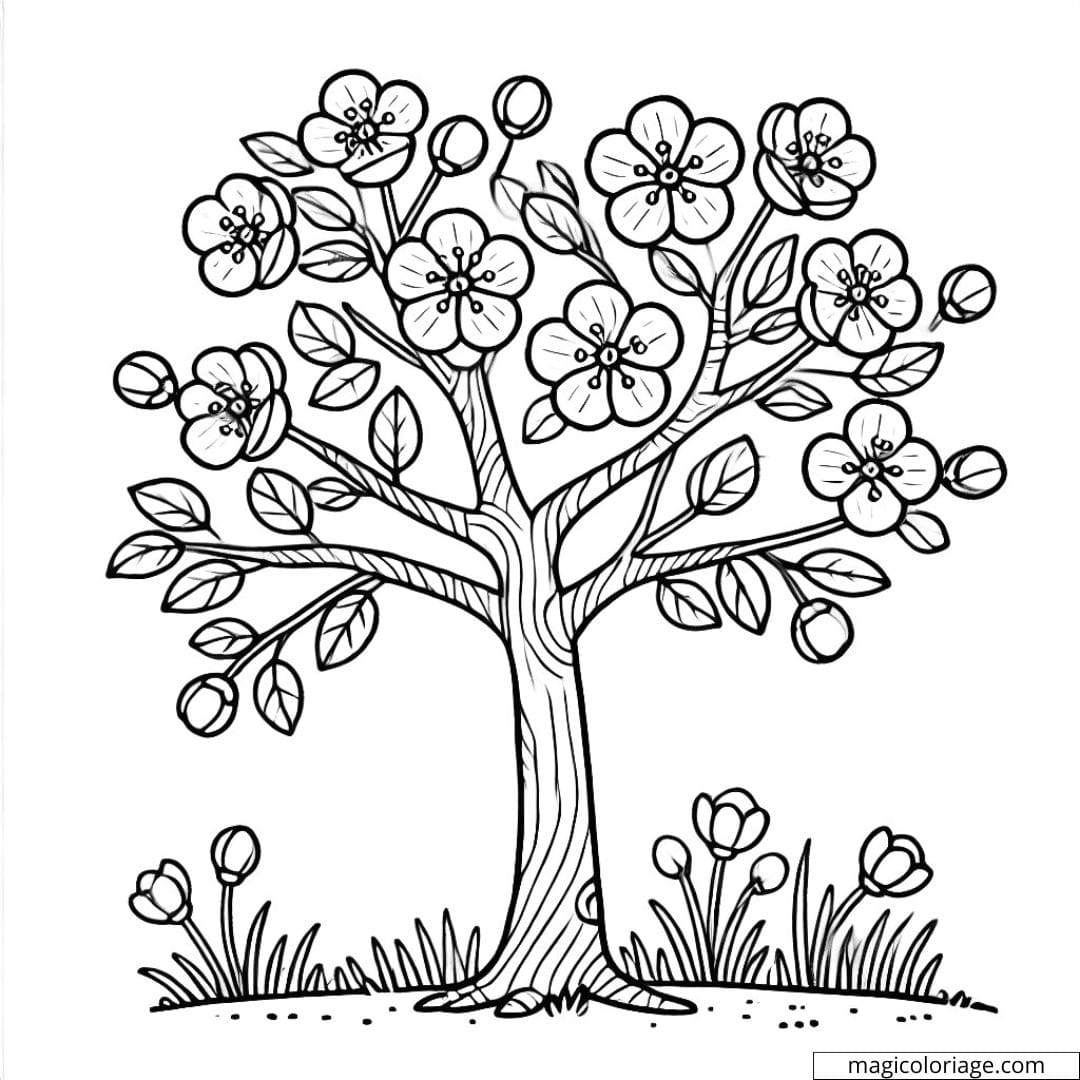 Coloriage d'arbre simple avec des fleurs, dessin à colorier à imprimer pour enfants de maternelle