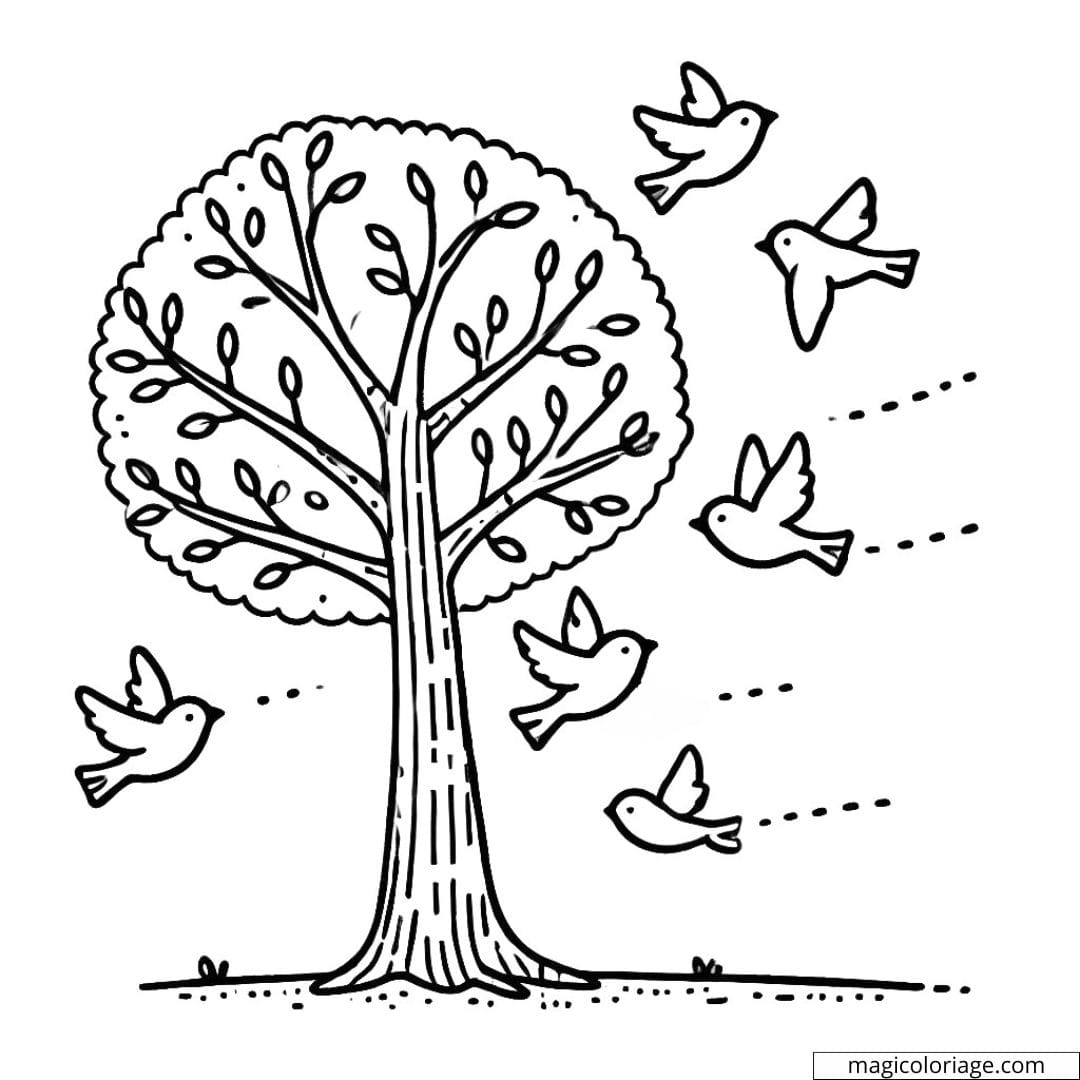 Coloriage d'un arbre simple avec des oiseaux autour, dessin à colorier pour enfants de maternelle