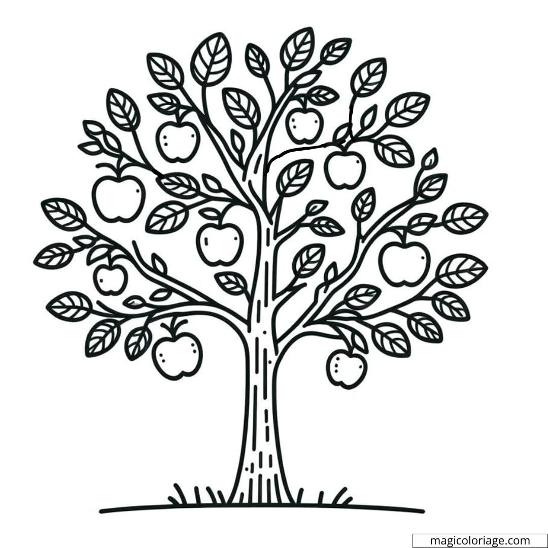 Coloriage d'arbre simple avec des pommes à imprimer, dessin à colorier pour enfants de maternelle
