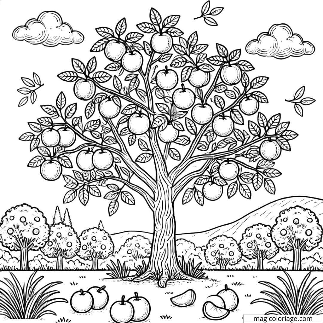 Coloriage arbre fruitier à imprimer, dessin à colorier pour enfants