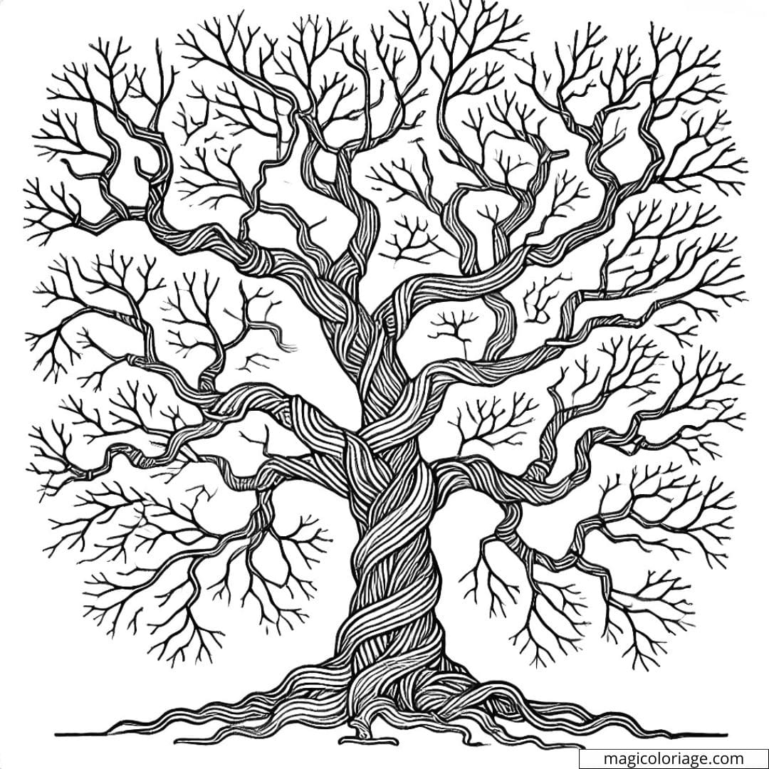 Coloriage d'arbre nu avec des branches tordues à imprimer, dessin à colorier pour enfants