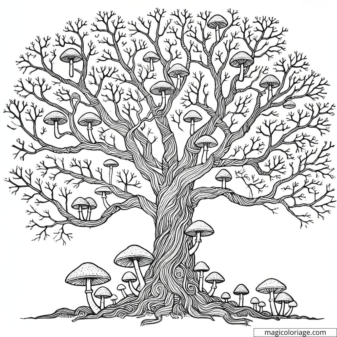 Coloriage d'un arbre nu avec des champignons à la base, dessin à colorier pour enfants