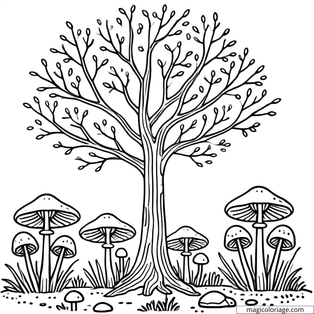 Coloriage d'un arbre simple avec des champignons poussant à la base, dessin à colorier pour enfants