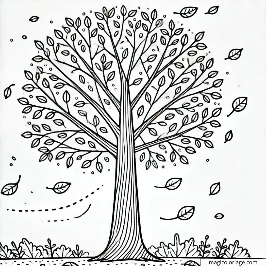 Coloriage d'arbre simple avec des feuilles tombantes, dessin à colorier à imprimer pour enfants