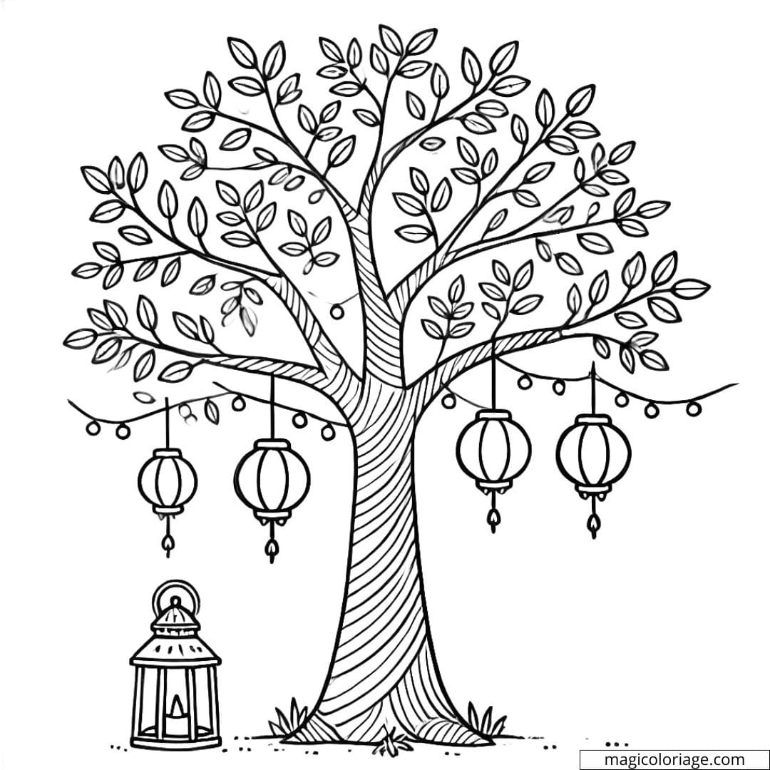 Coloriage d'un arbre simple avec des lanternes suspendues, dessin à colorier pour enfants