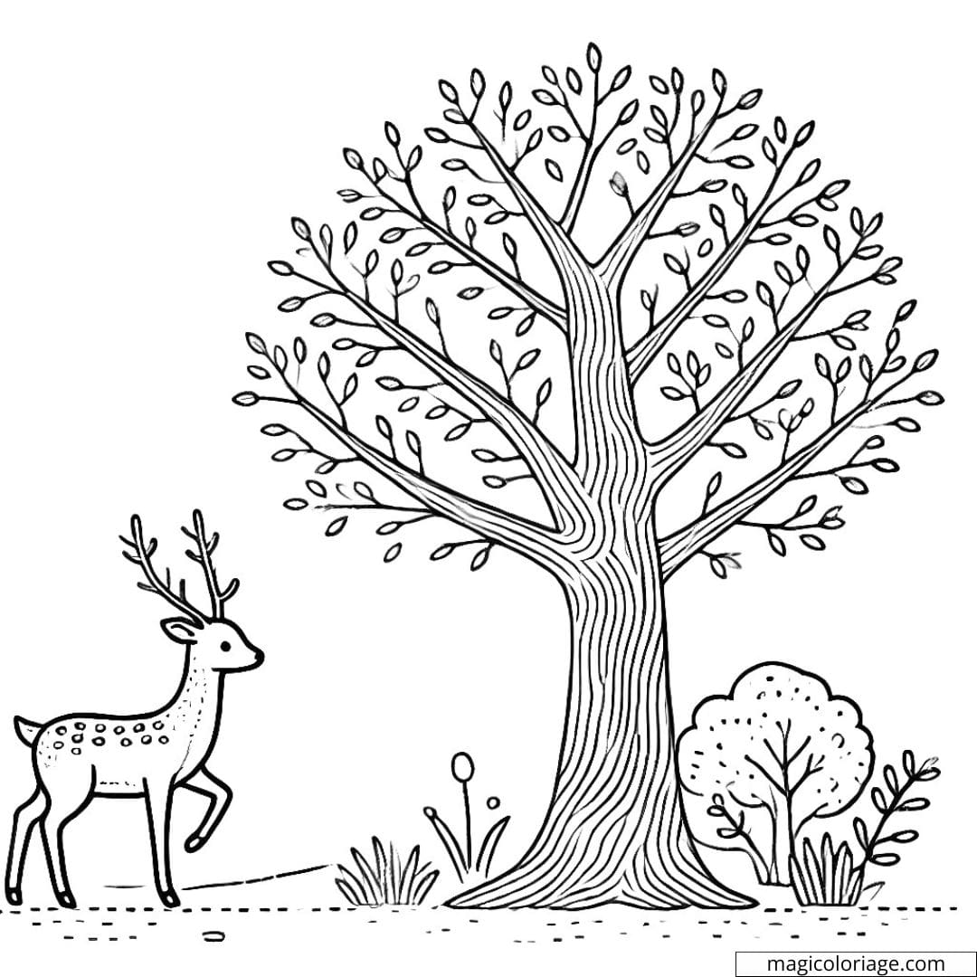 Coloriage d'arbre simple avec un cerf passant à côté, dessin à colorier à imprimer pour enfants