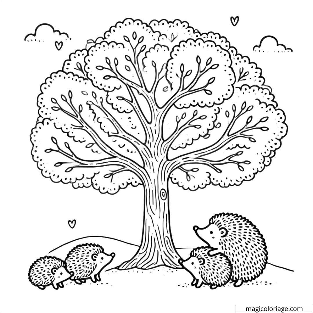 Dessin à colorier d'un arbre simple avec une famille de hérissons à la base, coloriage à imprimer pour enfants