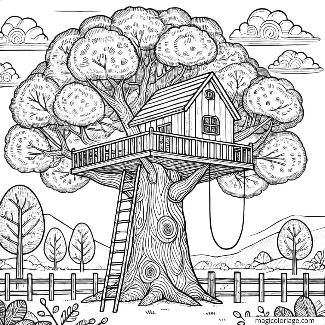 Dessin à colorier de cabane dans un arbre, coloriage à imprimer pour enfants