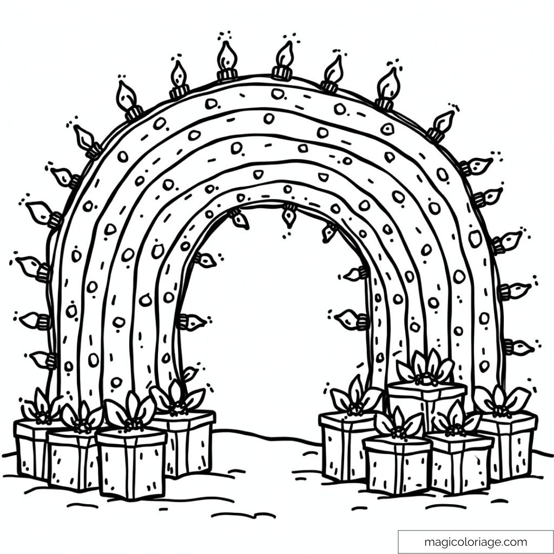 Arc lumineux décoré avec des bougies et des cadeaux