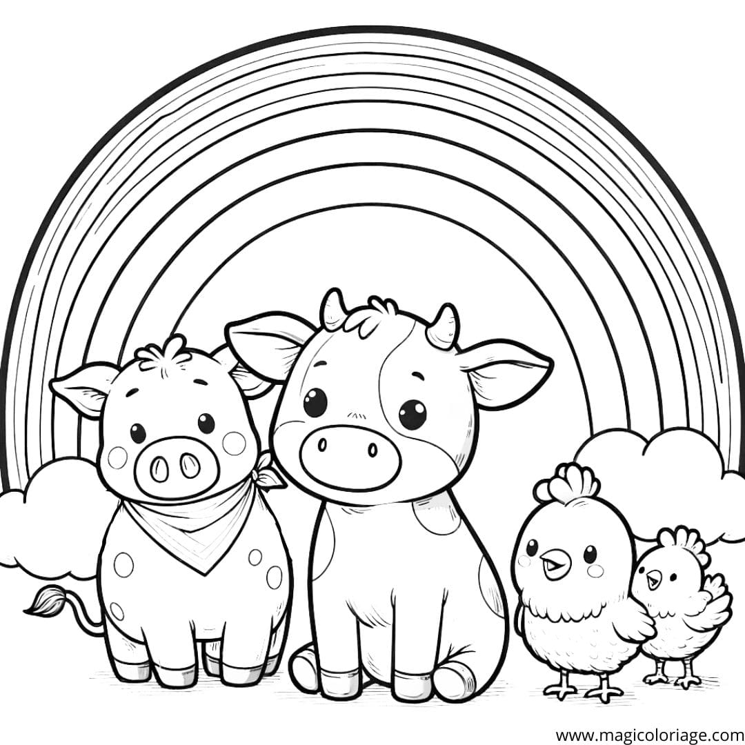 Image à colorier d'animaux de la ferme regardant un arc-en-ciel, parfaite pour les jeunes amoureux de la nature.