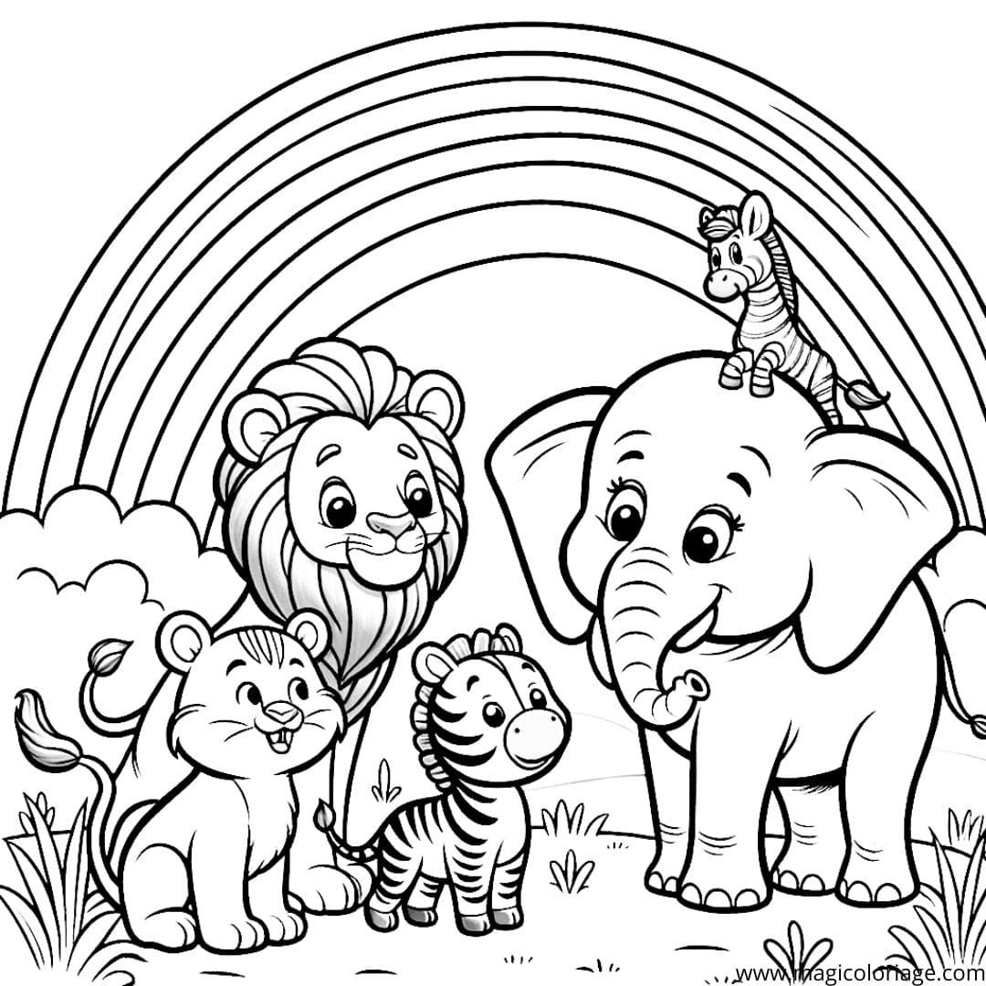 Image à colorier d'animaux de la savane regardant un arc-en-ciel, idéale pour les jeunes explorateurs.