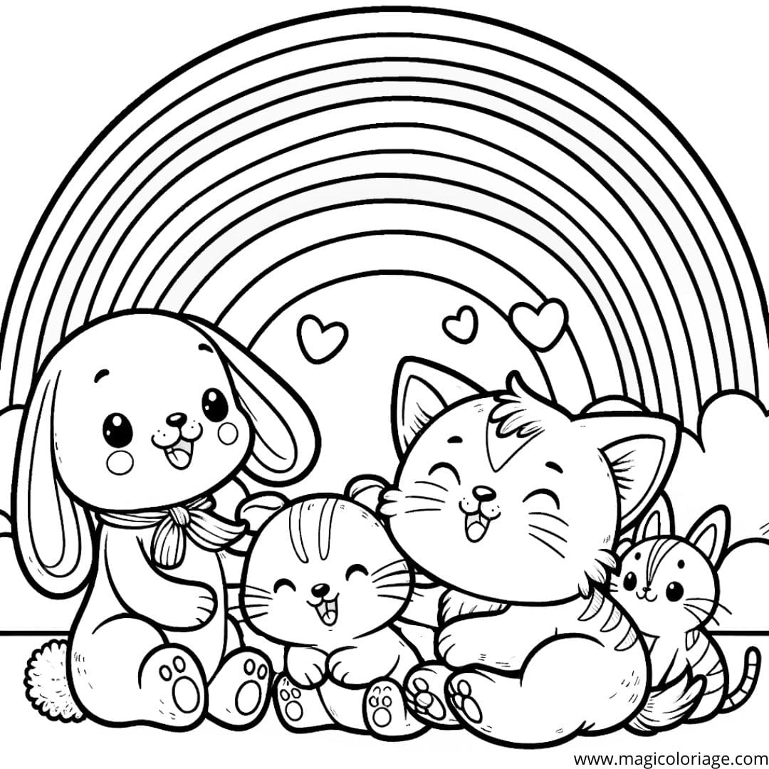 Image à colorier d'animaux jouant sous un arc-en-ciel, idéale pour les jeunes esprits créatifs.