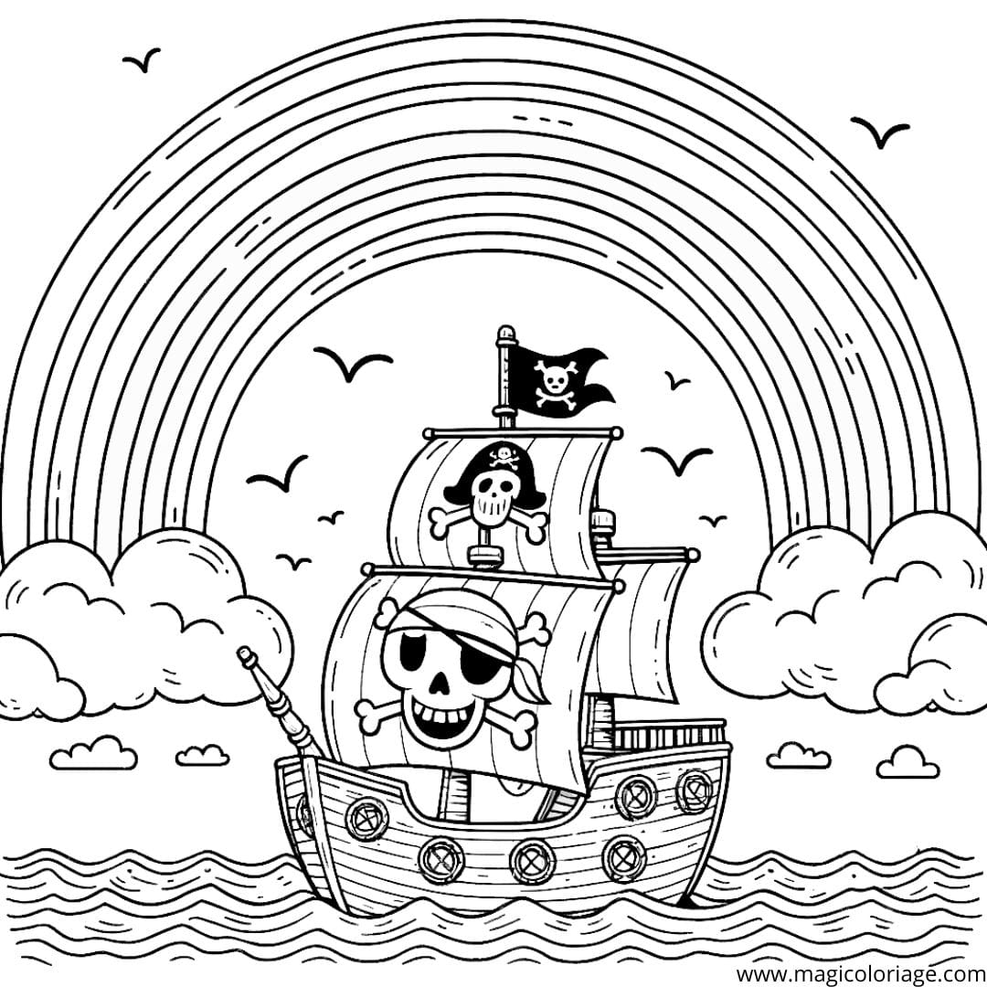 Image à colorier d'un bateau pirate sous un arc-en-ciel, parfait pour les jeunes aventuriers.