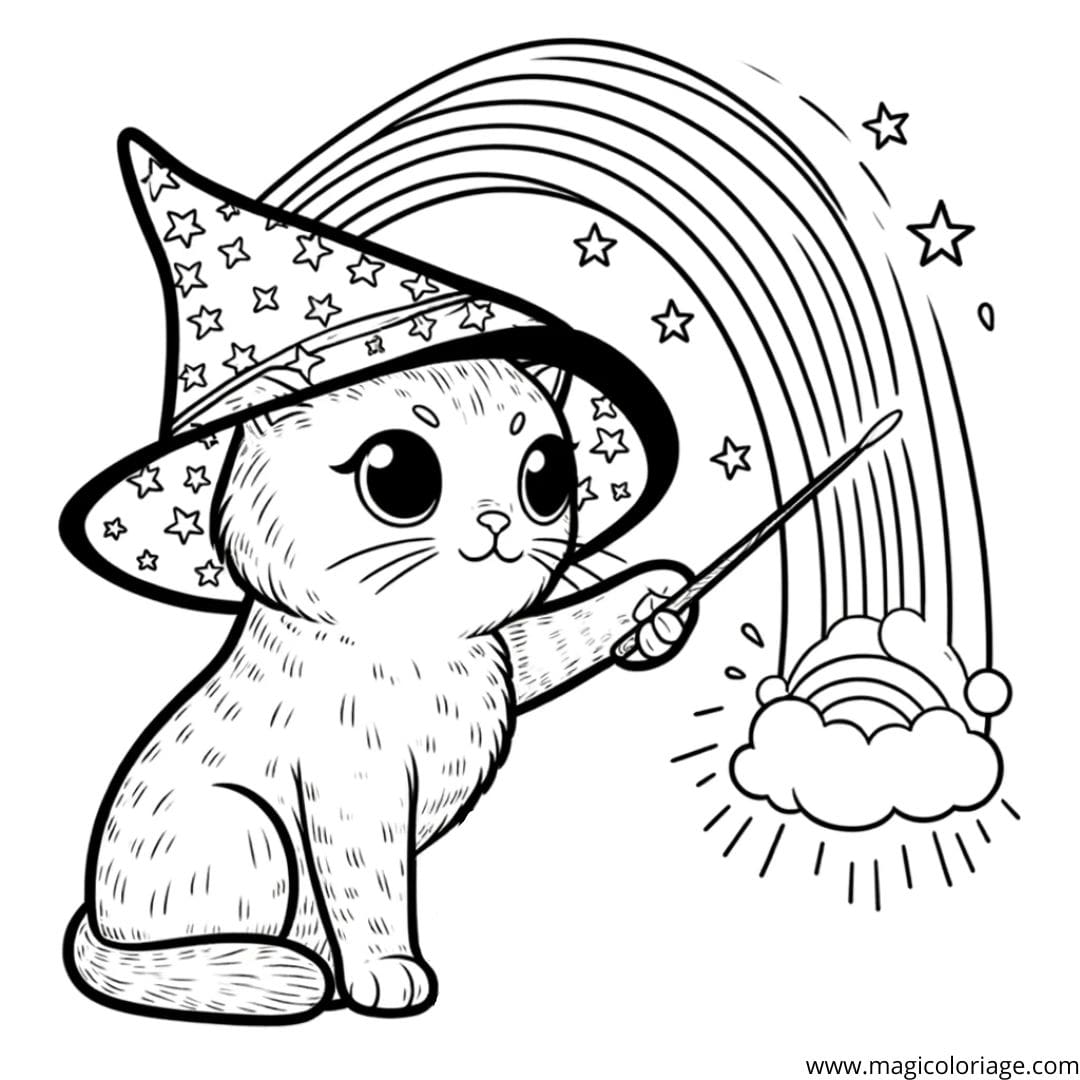 Image à colorier d'un chat magicien avec un arc-en-ciel, parfait pour stimuler l'imagination des enfants.