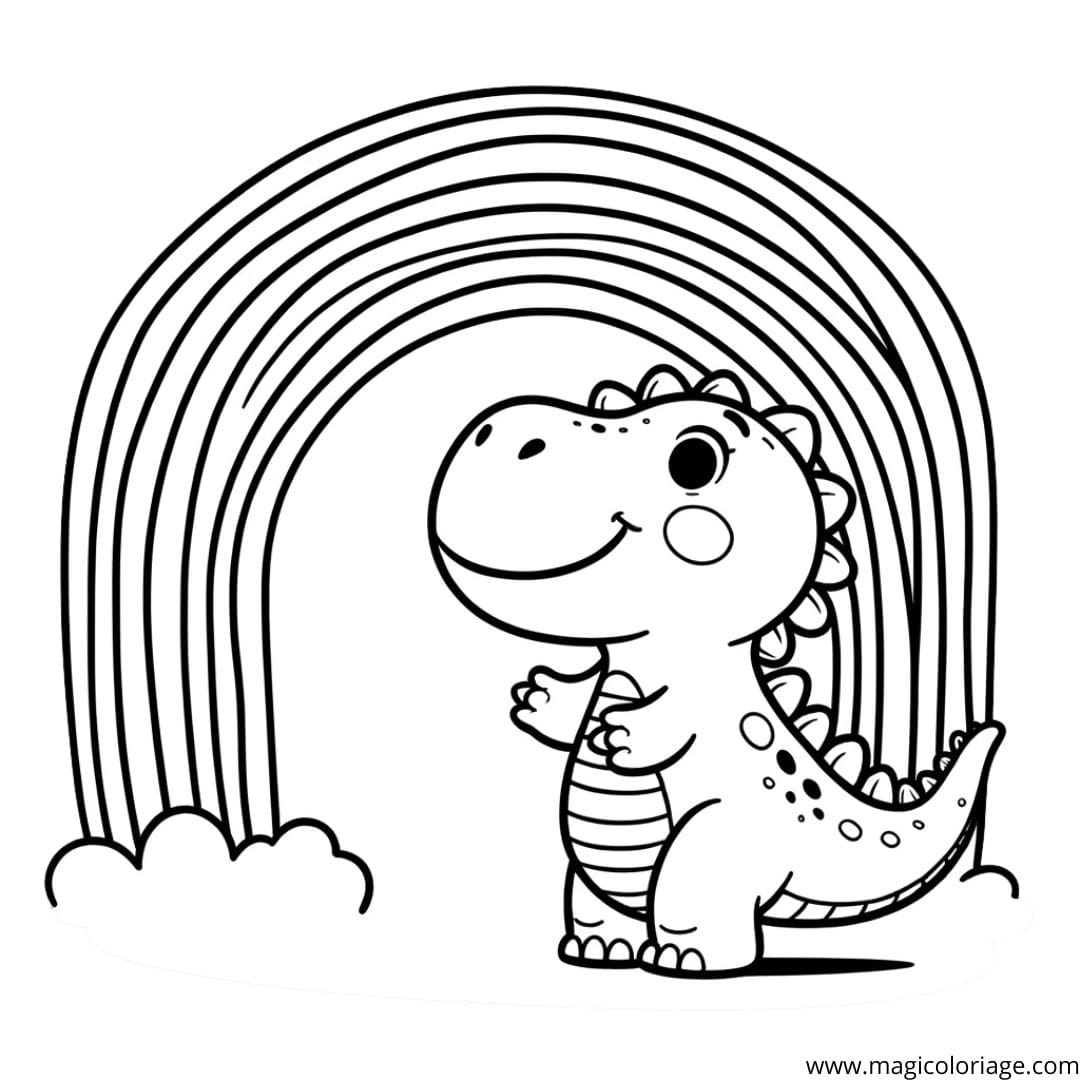 Image à colorier d'un dinosaure souriant sous un arc-en-ciel, parfait pour les jeunes rêveurs.