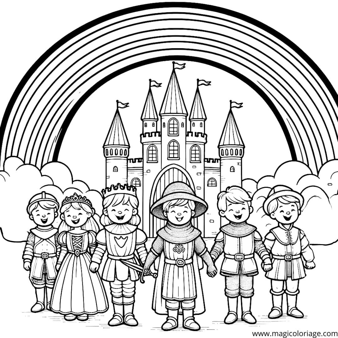 Image à colorier d'enfants déguisés en chevaliers et princesses dans un château, sous un arc-en-ciel.