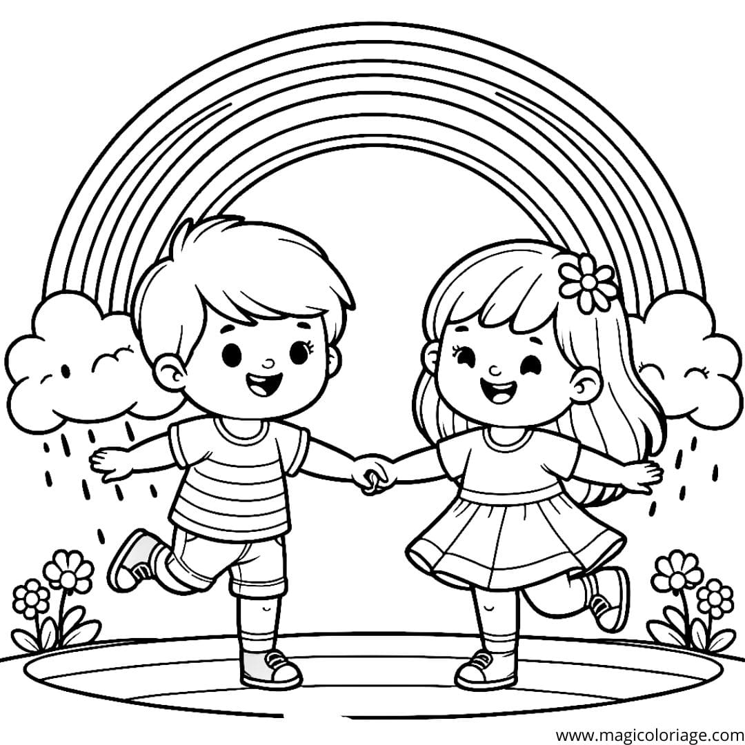 Image à colorier de deux enfants dansant joyeusement sous un arc-en-ciel.