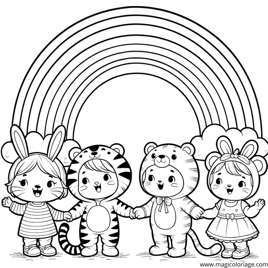 Image à colorier d'enfants déguisés en animaux sous un arc-en-ciel, parfaite pour les jeunes esprits joueurs.