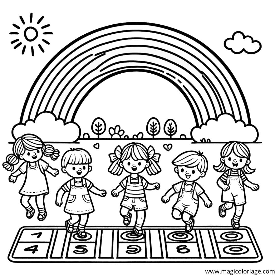 Image à colorier d'enfants jouant à la marelle sous un arc-en-ciel, parfaite pour stimuler la joie de vivre.