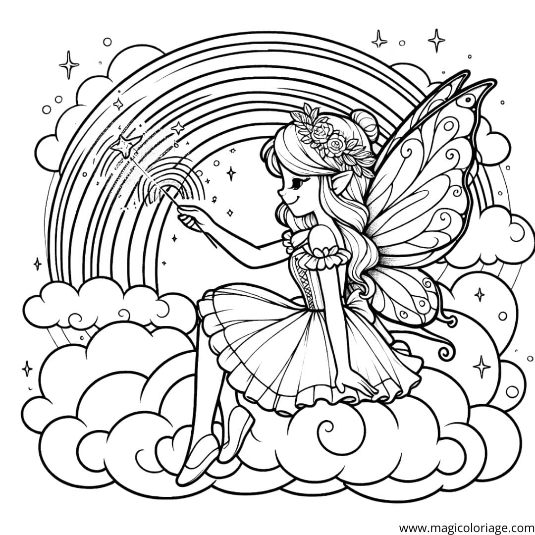 Image à colorier d'une fée magique avec un arc-en-ciel, idéale pour rêver et créer.